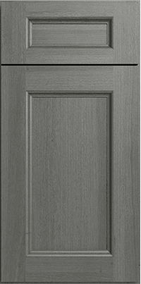 A gray cabinet door with a panel design.