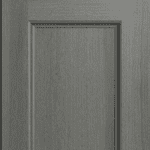 A gray door with a decorative trim.