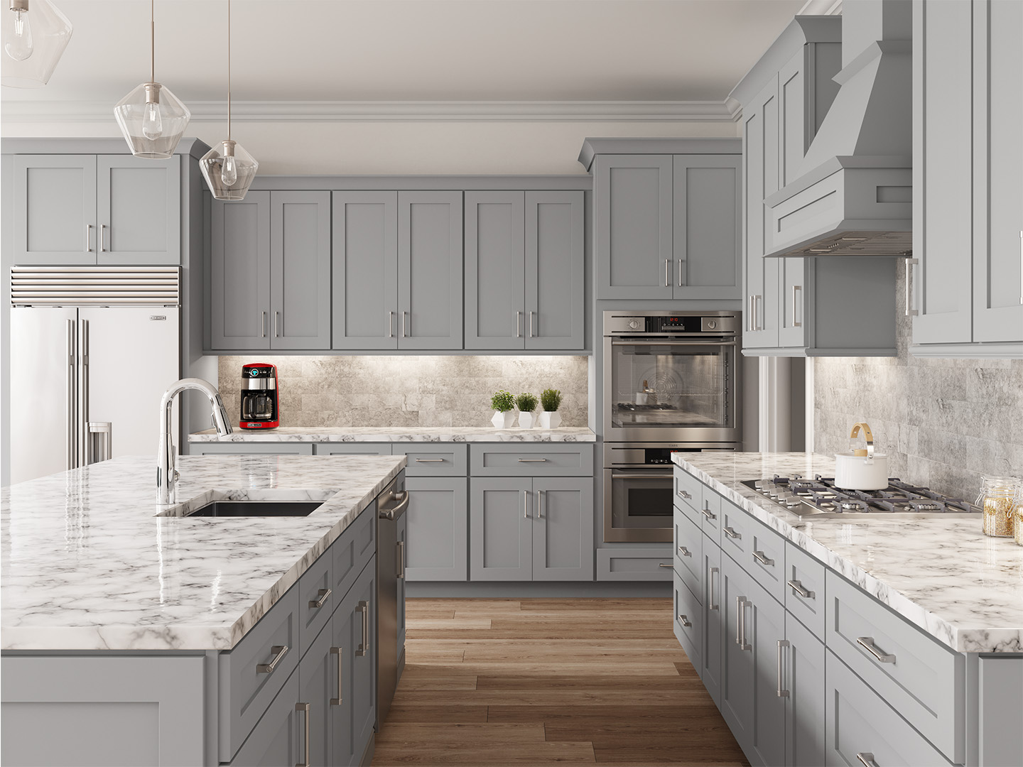 light grey shaker kitchen with white quartz worktop